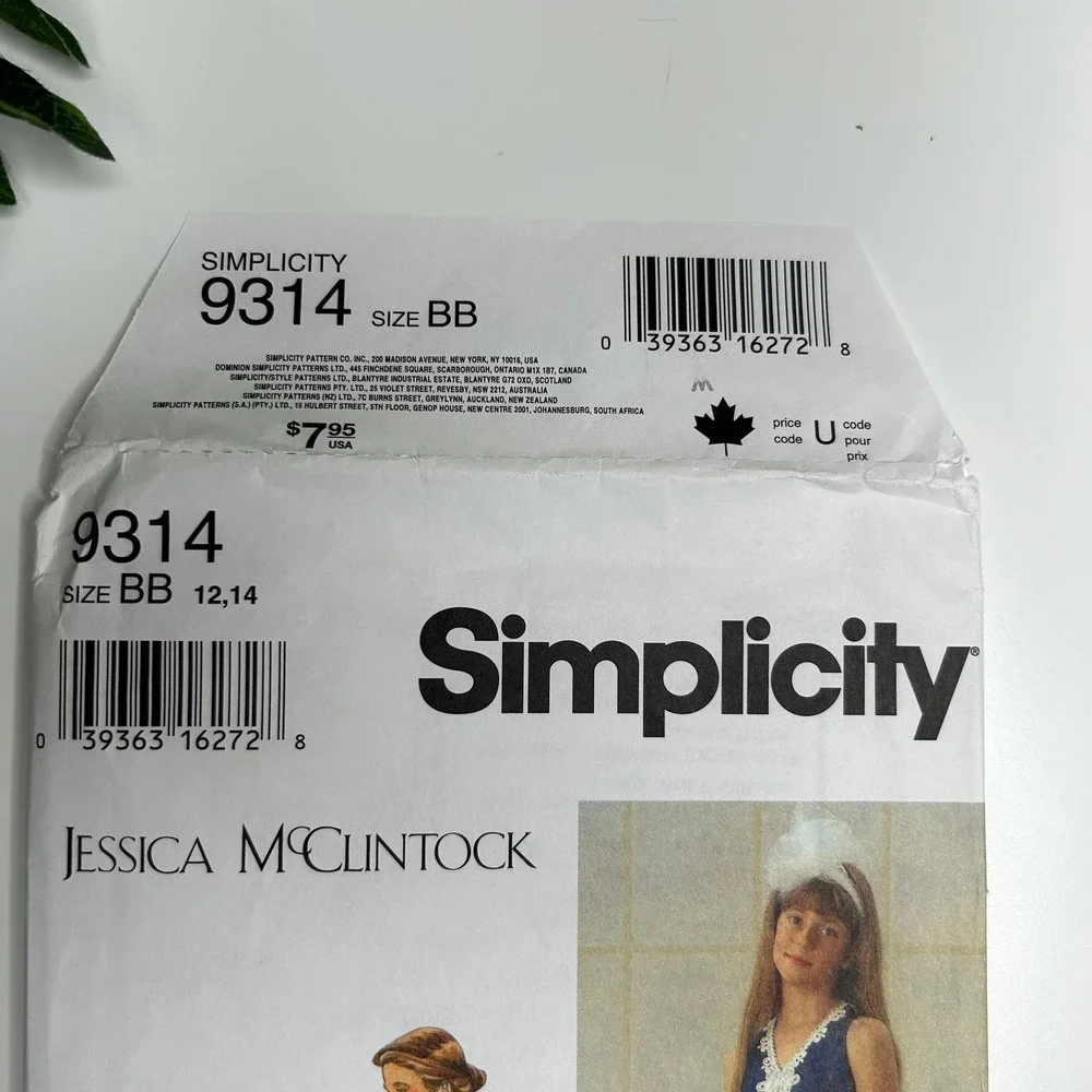 Simplicity 9314 Girls Dress Sewing Pattern Jessica McClintock Size BB 12, 14